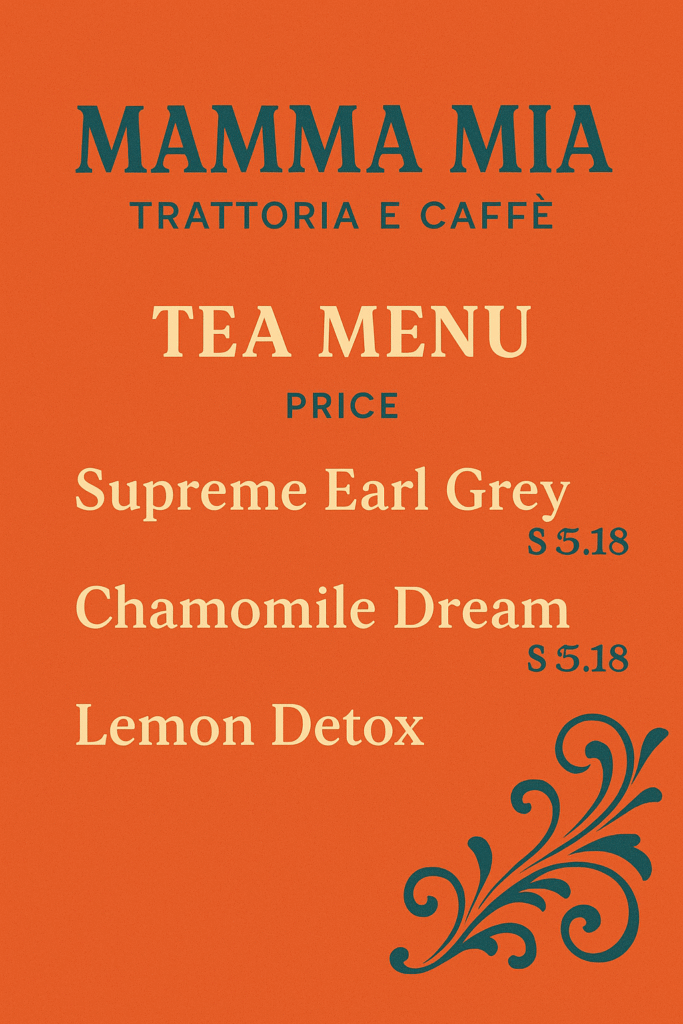 Mamma Mia Trattoria E Caffè Tea Menu