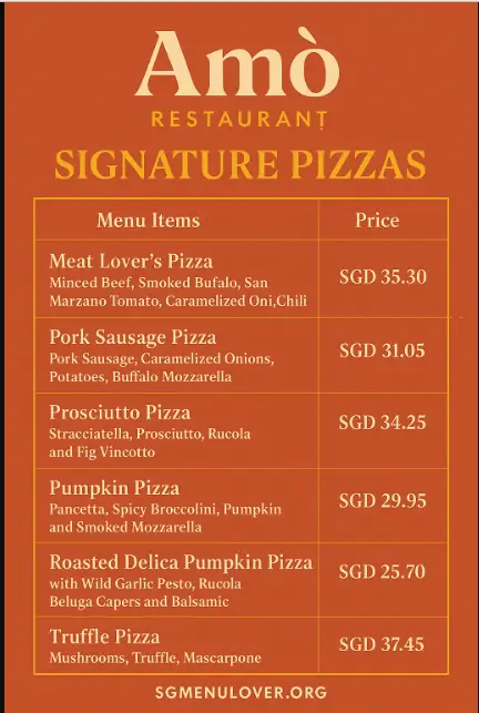 Amo Restaurant Signature Pizzas Menu