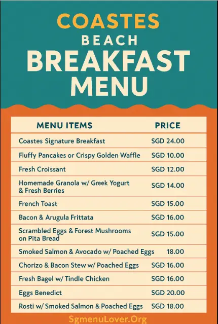 COASTES BEACH BREAKFAST MENU