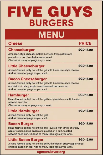 FIVE GUYS BURGERS menu