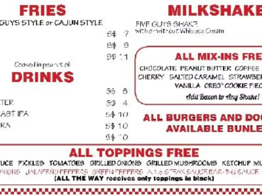 FIVE GUYS MENU SINGAPORE PRICES 2025 FIVE GUYS MENU