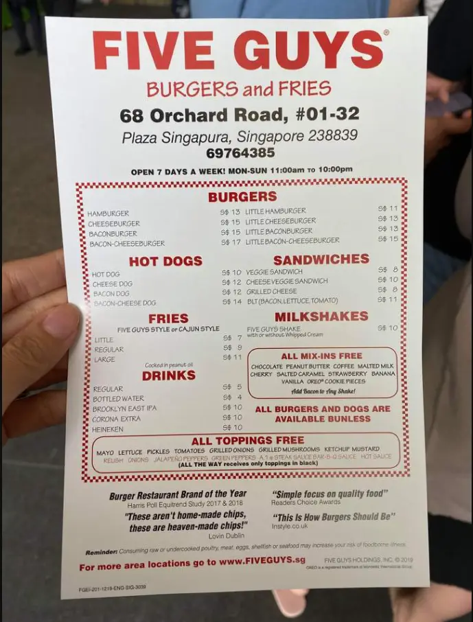 FIVE GUYS SINGAPORE MENU