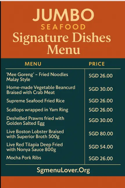 Jumbo SEAFOOD Signature Dishes Menu