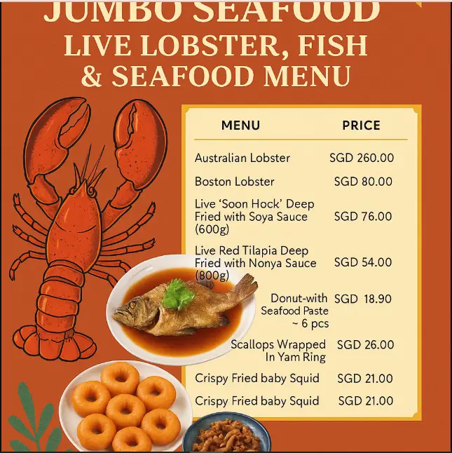 Jumbo Seafood Live Lobster, Fish & Seafood Menu