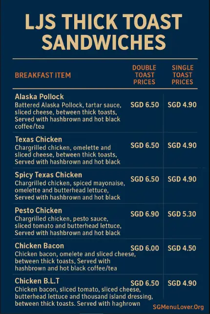 LJS THICK TOAST SANDWICHES menu
