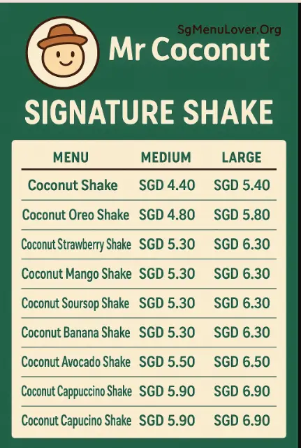 Mr Coconut Signature Shake Menu