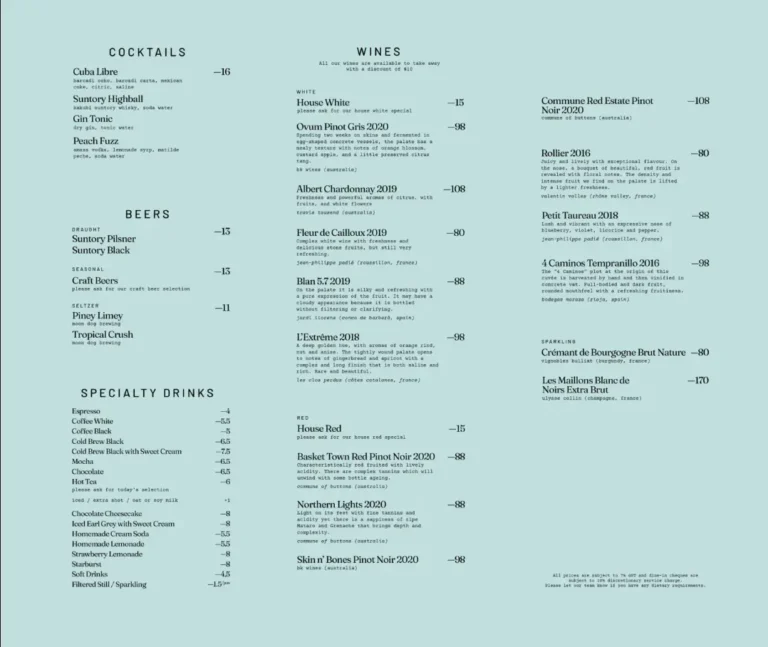 PARK BENCH DELI MENU