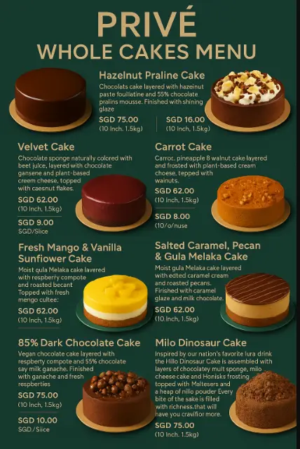 PRIVE WHOLE CAKES MENU