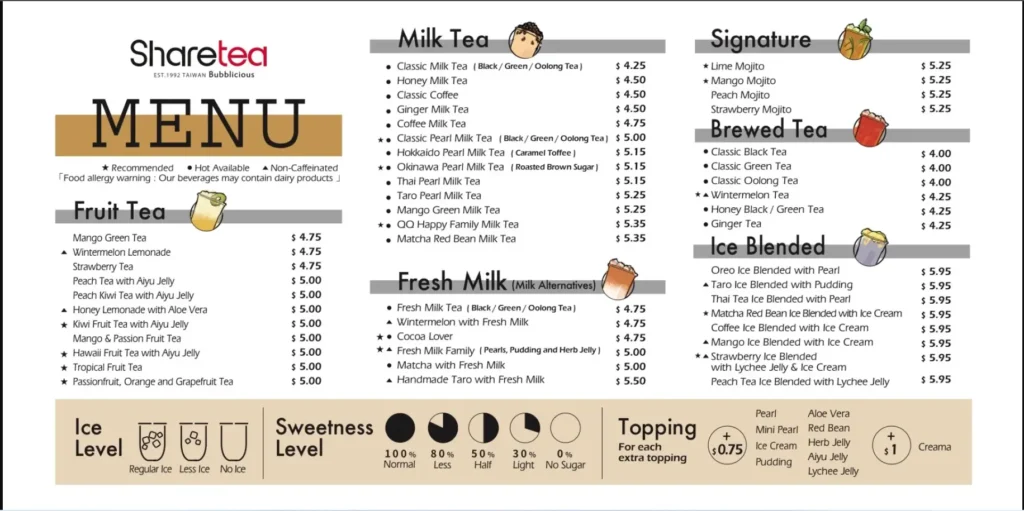 SHARETEA SINGAPORE MENU