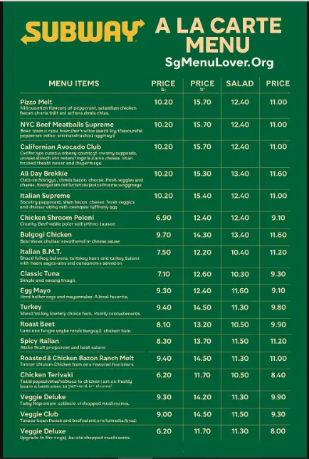 SUBWAY A LA CARTE MENU