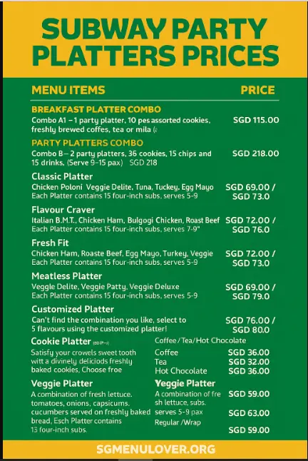 SUBWAY PARTY PLATTERS menu