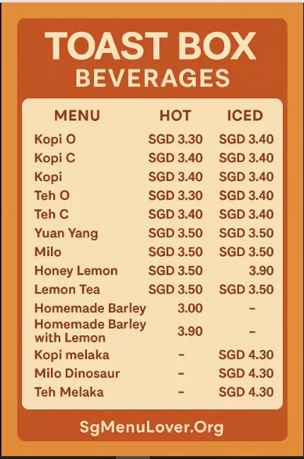 Toast Box Beverages Menu