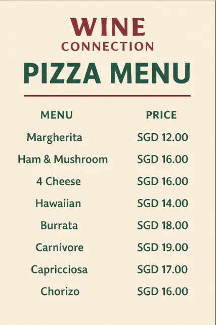 WINE CONNECTION PIZZA MENU